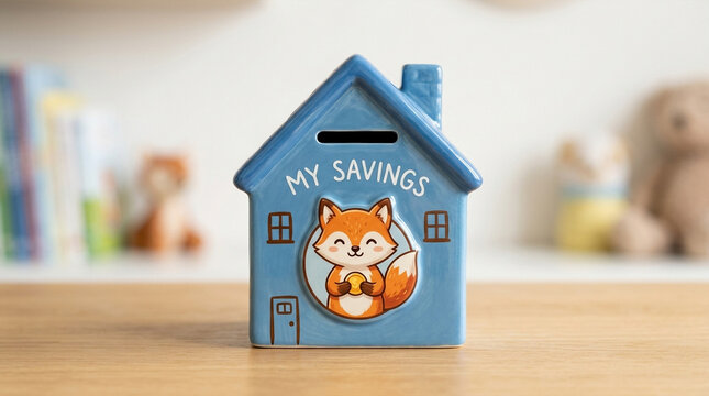 Cute Blue House Piggy Bank with Fox Illustration - Savings Concept