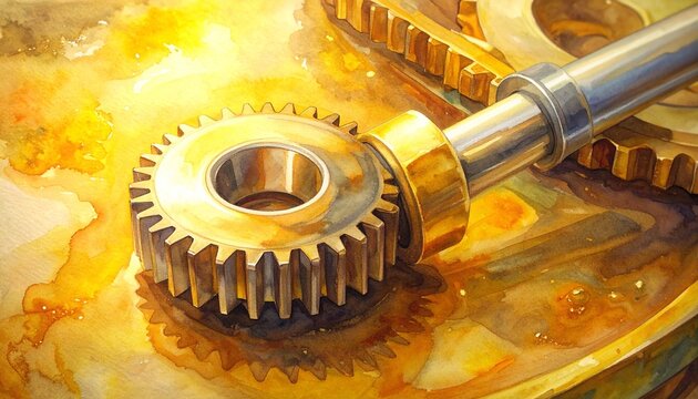 Close up of golden metal gears with warm lighting.