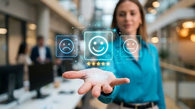 Woman using augmented reality smiley face icons on her palm