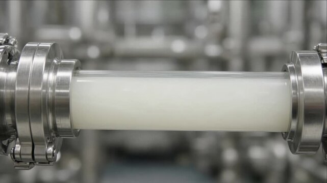 Cinematic clean dairy milk technology background stainless steel pipe and metal pipeline modern food factory interior with smooth white liquid fluid flow hygiene concept industrial production process
