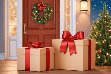 Fototapeta premium Festive christmas gifts with red ribbons on doorstep beside decorated tree and wreath
