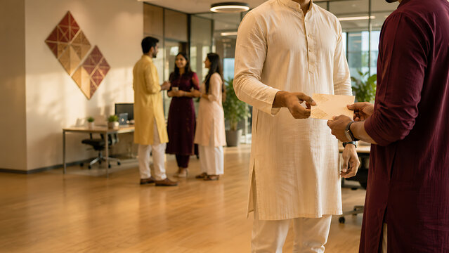 Business people wearing traditional attire exchanging gifts in office during diwali with business exchange celebration workplace colleagues tradition professional clothing corporate gathering