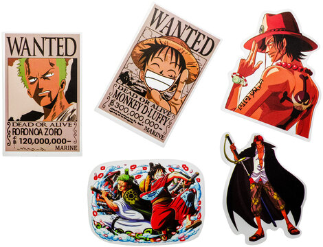 Hamburg, Germany - 07272026: One Piece Anime Stickers Featuring Luffy, Zoro, Ace and Shanks.