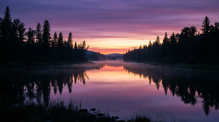 Purple sunset over a calm river with pine forest silhouette and misty water reflection. © Harun