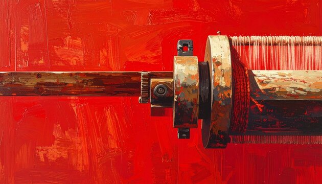 Close up of vintage wooden weaving loom mechanism on red background.