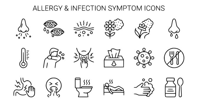 Allergy symptoms and flu medical linear icon set with viral infection and food poisoning symbols
