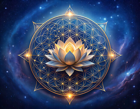 Glowing Golden Lotus Flower of Life Sacred Geometry Mandala and Cosmic Space Nebula Background for Meditation and Spiritual Art