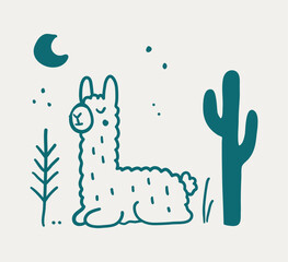 Obraz premium Hand Drawn Llama in Desert Night Vector Illustration, Cute Alpaca with Cactus Line Art Clipart