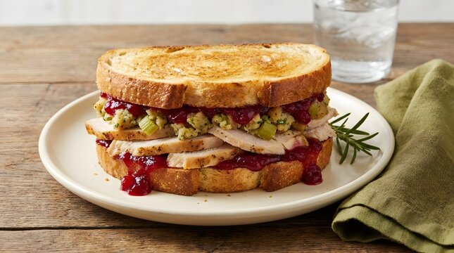 Delicious leftover turkey sandwich with cranberry sauce and stuffing served on a plate for a thanksgiving meal
