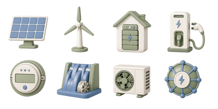 Renewable energy icons, solar panel, wind turbine, smart meter, EV charger, and green technology 3D set.