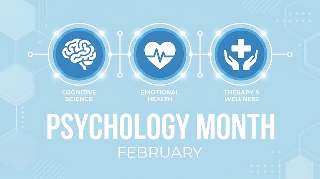 Blue awareness ribbon graphic with psychology month february text for mental