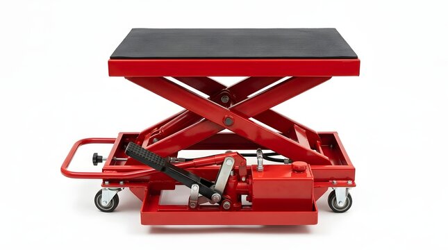Red hydraulic scissor lift table with black platform and wheels