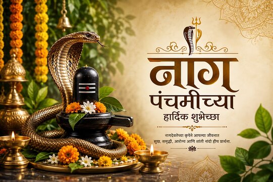 Nag Panchami spiritual festival honoring Lord Shiva and sacred serpents, divine mythology, temple rituals, Hindu devotion, elegant Indian religious celebration banner