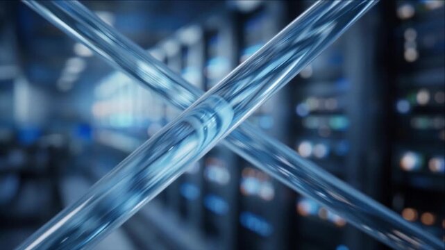 Cinematic clean water technology background abstract fiber optic cable glass tube crossing in modern data center server room creating futuristic digital network mood infrastructure glow connection