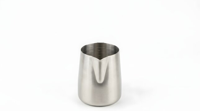 Stainless steel pitcher sitting on white surface