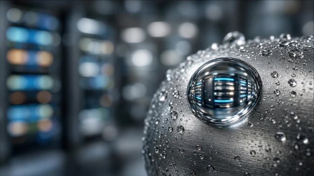 Cinematic clean water technology background metallic sphere droplet reflection data server futuristic cyber security concept with sphere covered in drops reflecting modern data center ambient light