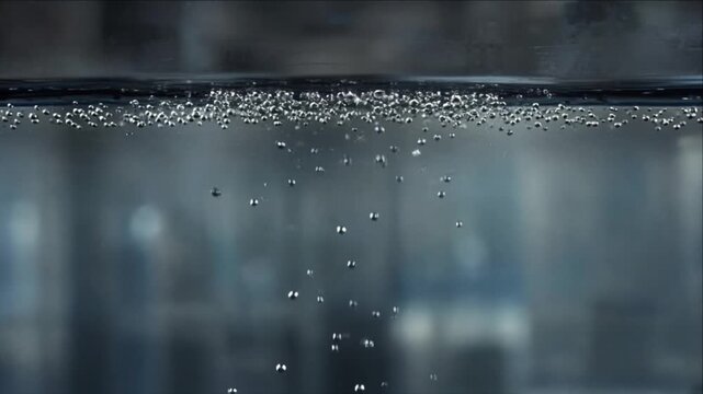 Cinematic clean water technology background with tiny bubble rising underwater glass tank, minimal abstract liquid surface splash and drop texture, cool atmosphere subtle depth of field