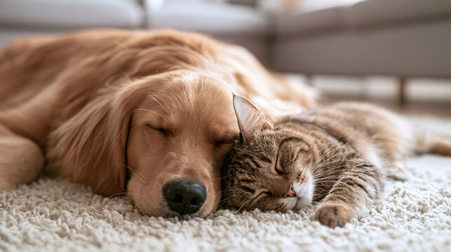 Dog and cat sleep together on a rug in a cozy living room setting