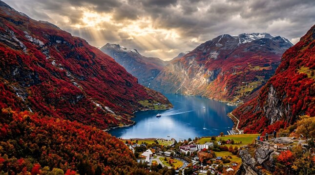 Beautiful Norwegian fjords feature deep calm waters surrounded by massive steep mountains fully covered in vibrant crimson autumn trees.