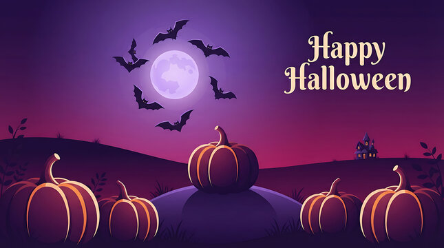 A scenic halloween illustration depicts pumpkins bats a full moon and a haunted house silhouette