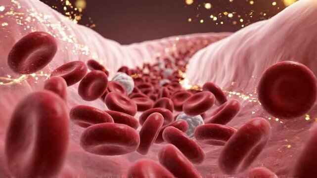Childhood Cancer Awareness Month:animated medical illustration video of red and white blood cells flowing smoothly through a translucent vein