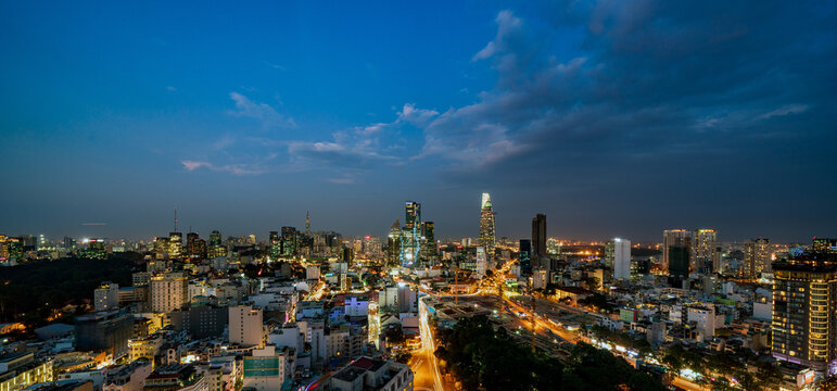 Cityscape of Ho Chi Minh City, Vietnam at dusk.