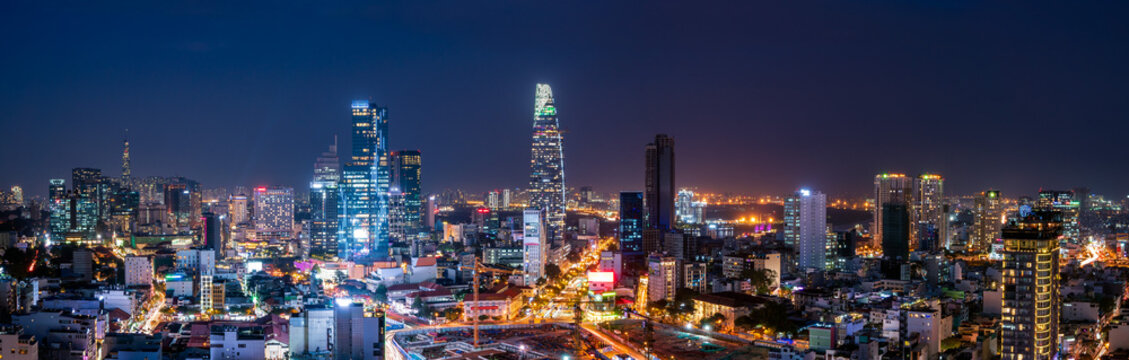 Cityscape of Ho Chi Minh City, Vietnam at dusk.