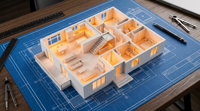 Crisp white architectural 3D floorplan models of modern multi-room houses rest on blueprints, glowing beautifully with warm amber interior light.