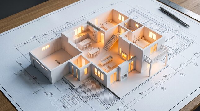 Crisp white architectural 3D floorplan models of modern multi-room houses rest on blueprints, glowing beautifully with warm amber interior light.