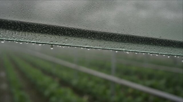 Cinematic clean water technology background greenhouse rain drop on glass window over agriculture field with fresh crop rows foggy horizon and humid landscape creating moody nature atmosphere