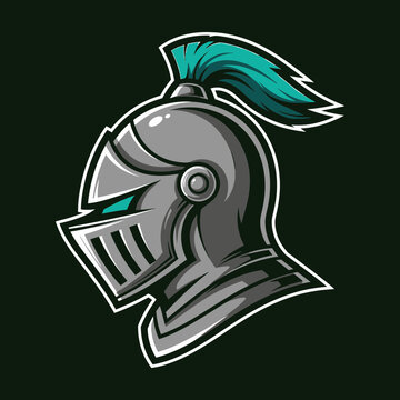 Medieval knight helmet mascot with green plume.