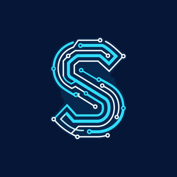 Digital blue circuit board letter S tech logo.