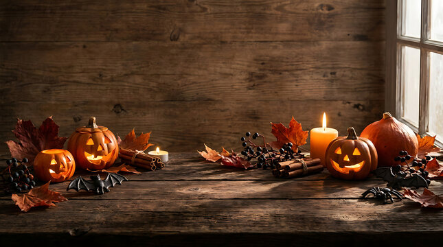 Illuminated pumpkins and autumn foliage create a seasonal still life arrangement on a rustic wooden table