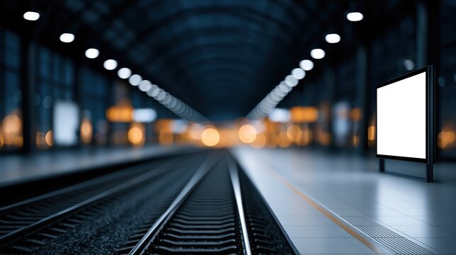 Modern underground train station platform with blank illuminated advertising display board at night