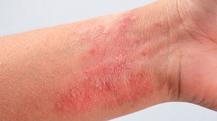 Fototapeta premium Red Inflamed Skin Rash on Human Wrist Indicating Eczema Dermatitis or Allergic Reaction, Medical Dermatology Healthcare Concept