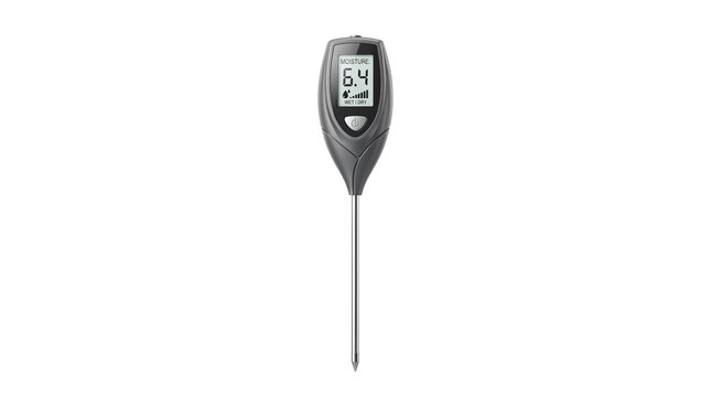 Digital soil pH meter with LCD display, electronic moisture and acidity tester for gardening, professional plant care sensor tool isolated PNG with Transparent Background