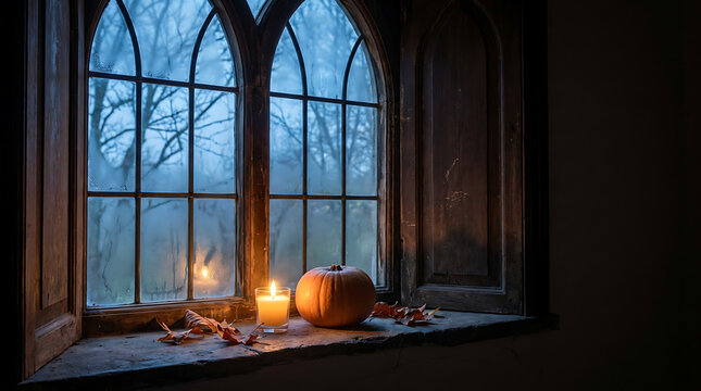 A lit pumpkin and candle rest on a windowsill framed by an arched window during autumn