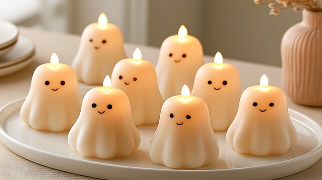 Cute Ghost-Shaped Candles with Faces, Warm Decoration for Halloween and Festive Atmosphere