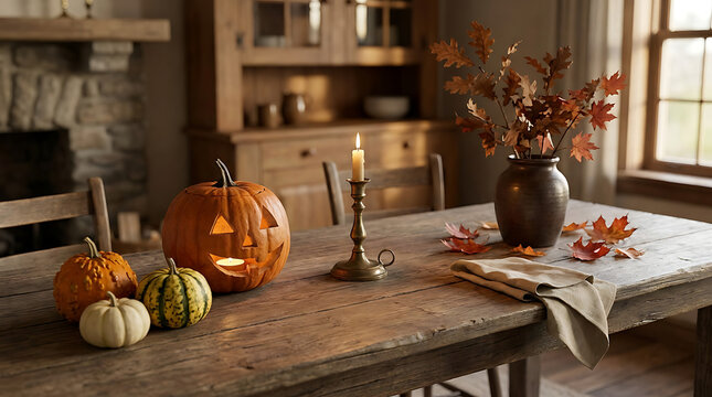 A carved pumpkin lit candle and autumn foliage decorate a rustic wooden table setting autumnal