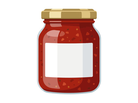 Glass jar with red sauce or jam and blank label