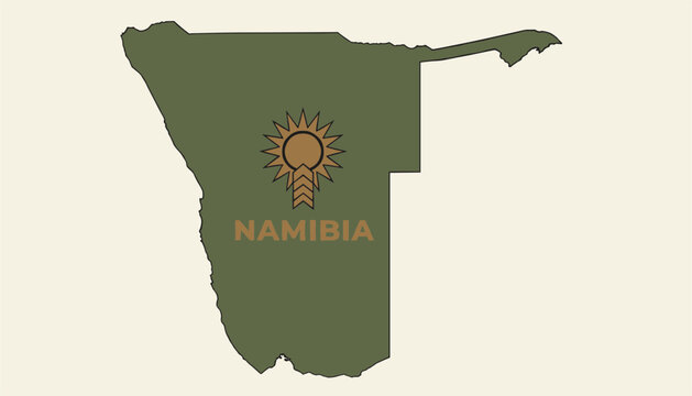 Map silhouette of Namibia filled with solid olive green color featuring the country name and a traditional sun emblem in the center.