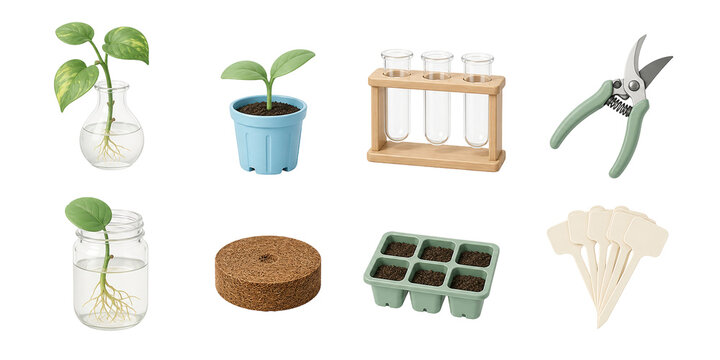 Plant propagation icons, seedling jars, potted sprout, laboratory tubes, pruning shears, and seed tray 3D set.