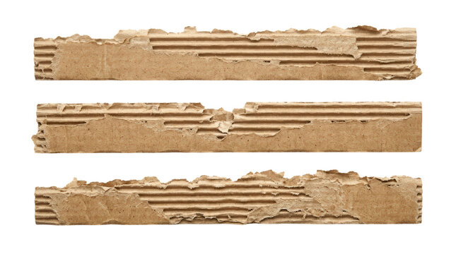 Three torn cardboard strips with corrugated texture isolated on white background.