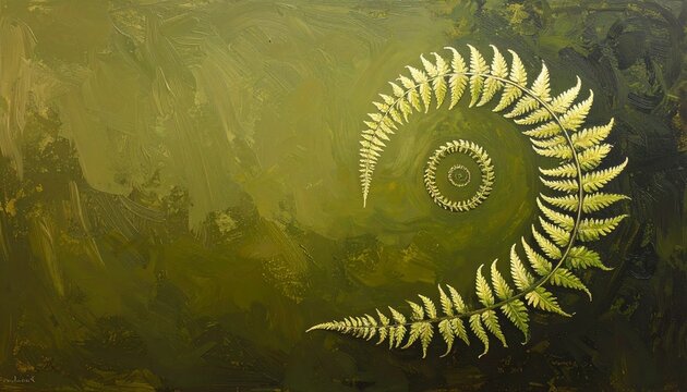 Spiral Fern Leaf Pattern on Textured Green Background.