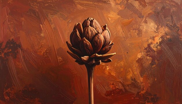 Close up of a single artichoke flower against a warm orange background.