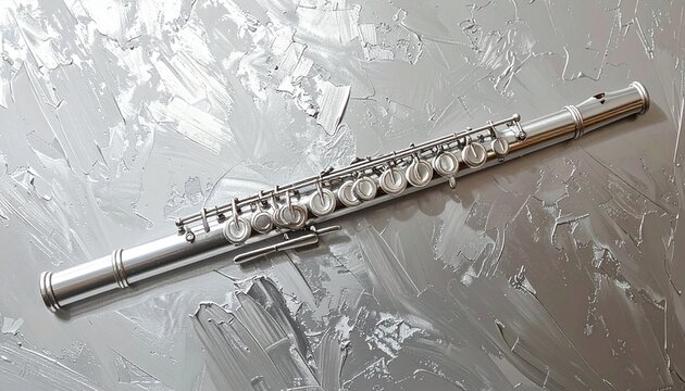 Silver flute resting on textured metallic surface.