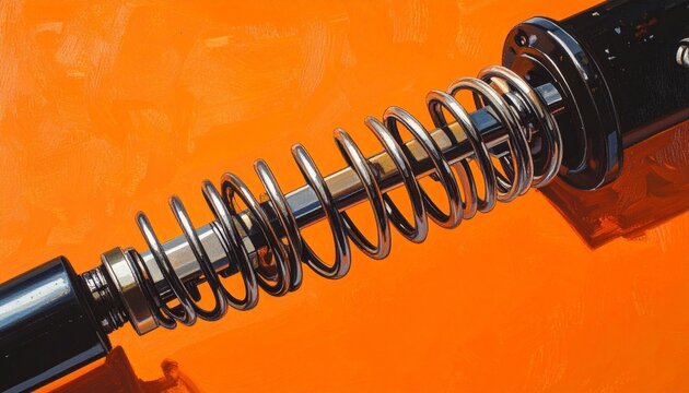 Close up of metallic coil spring on orange background.