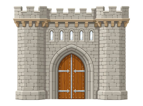 Medieval stone castle gate with wooden doors