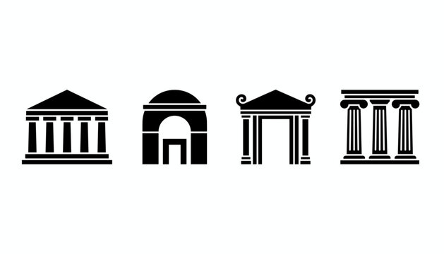 Set of four ancient Greek columns, arches, and temple architecture black silhouettes against a plain white background.