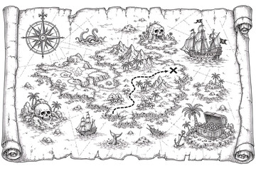 Obraz premium Pirate treasure map, black and white line art, pirate map illustration, treasure map, vintage map, antique map, treasure hunt, pirate adventure, nautical map, old parchment map, fantasy map, island ma
